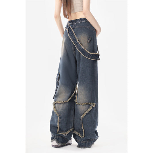 qgtao concert outfit Star Frayed Jeans Women's Autumn and Winter Chubby Girl Slimming Retro Small Straight Wide Leg Long Pants