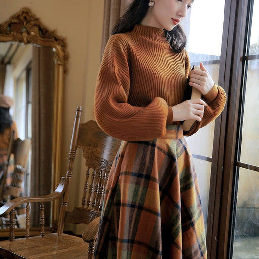 qgtao skater boy outfits Half Turtleneck Brown Lantern Long Sleeve Sweater + Plaid Woolen Skirt Suit Retro Two-Piece Set