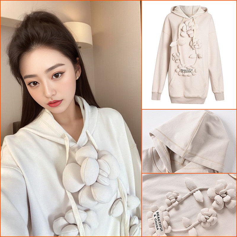 autumn new loose casual niche hoodie flower medium and long pullover hooded sweater thickened women's tide