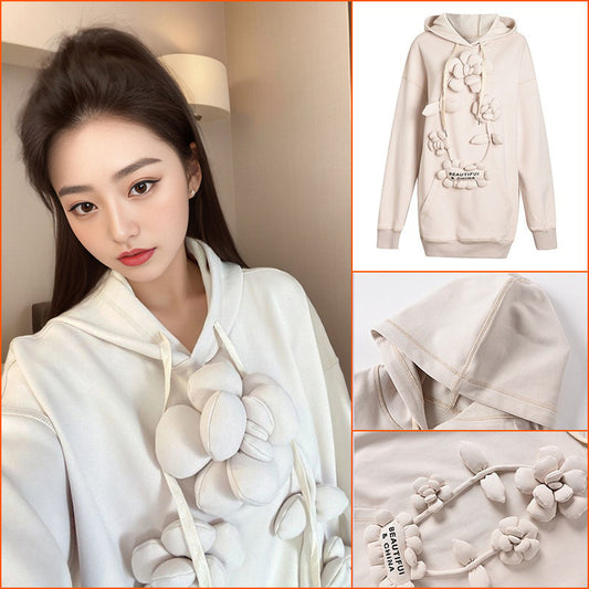 autumn new loose casual niche hoodie flower medium and long pullover hooded sweater thickened women's tide