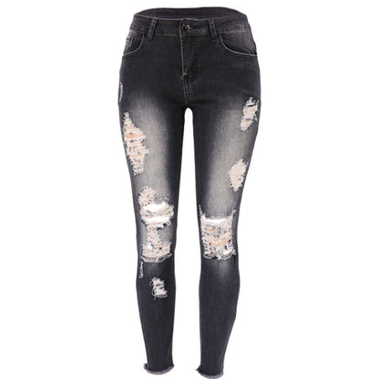 2025 2021 spring  factory spot high elastic nine points ripped women's clothing small feet tight hip lift fashion jeans