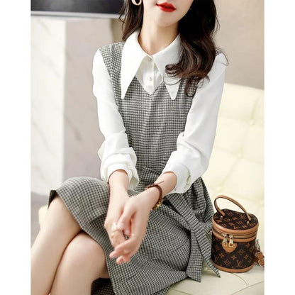 qgtao business casual outfits for women Autumn New Commuter Elegant Socialite Age-Reducing Stitching Fake Two Pieces Dress Women