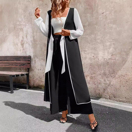 qgtao uniforms dress to impress Women's Fashionable Casual Long Contrast Color Cardigan Lace-up Side Slit Top Wide Leg Trousers Suit