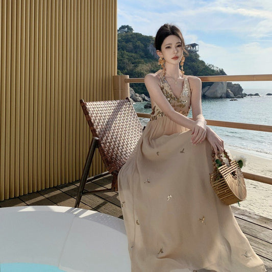 2025 Bead embroidery pinch pleated neck strap holiday dress seaside photo backless splicing sequined suspender long dress women