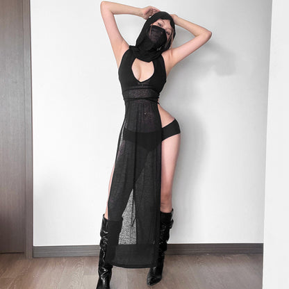 2025 style popular winter new women's clothing fashionable and sexy solid color hooded sleeveless high split dress
