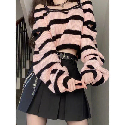 qgtao y2k Sweet and Spicy Style off-the-Shoulder Top Striped Sweater Suit Women's Autumn Hot Girl High Waist Pleated A- line Skirt Two-Piece Set