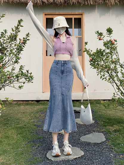 2025 Blue split-ended denim skirt women's popular new high-waisted and thin Spice Girl fishtail medium and long hip-wrapped skirt