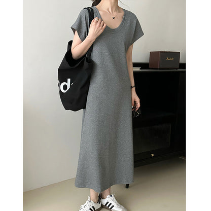 2025 popular summer Korean simple casual  temperament solid color round neck retro niche slim 2342-1