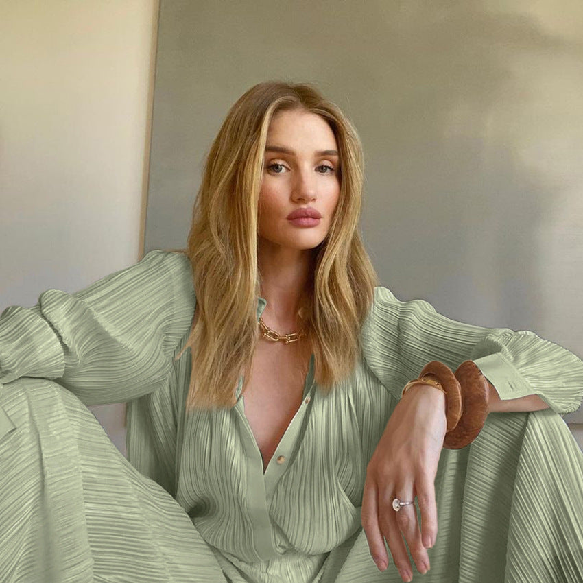 2025 popular autumn and winter new long-sleeved lapel pleated shirt women's wide-leg mopping floor drape pleated trousers set solid color