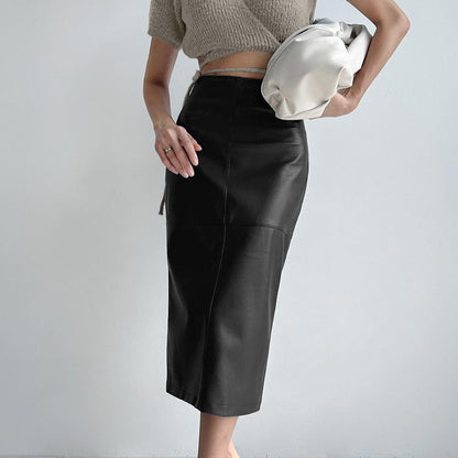2025 Autumn and winter retro classic khaki velvet matte temperament thin PU leather high waist casual split skirt women