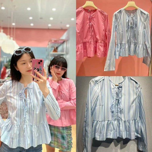 2025 popular Spring and Autumn new women's clothing, one hair delivery, classic blue striped long-sleeved shirt, small fresh and versatile women's shirt