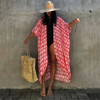 2025 new  cotton leaf print beach blouse sexy cardigan style vacation sunscreen shirt dress