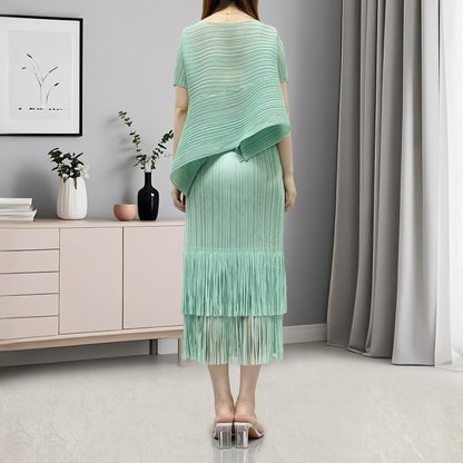 hot-selling suit women's high-end popular black slim short-sleeved T-shirt fringed hip skirt