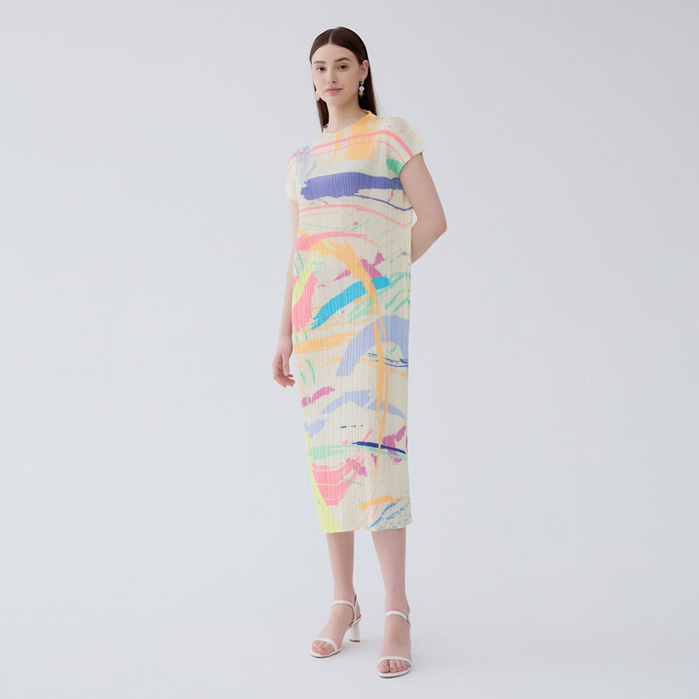 Miyake summer new semi-turtleneck temperament versatile pleated slim short-sleeved medium and long skirt printed dress women