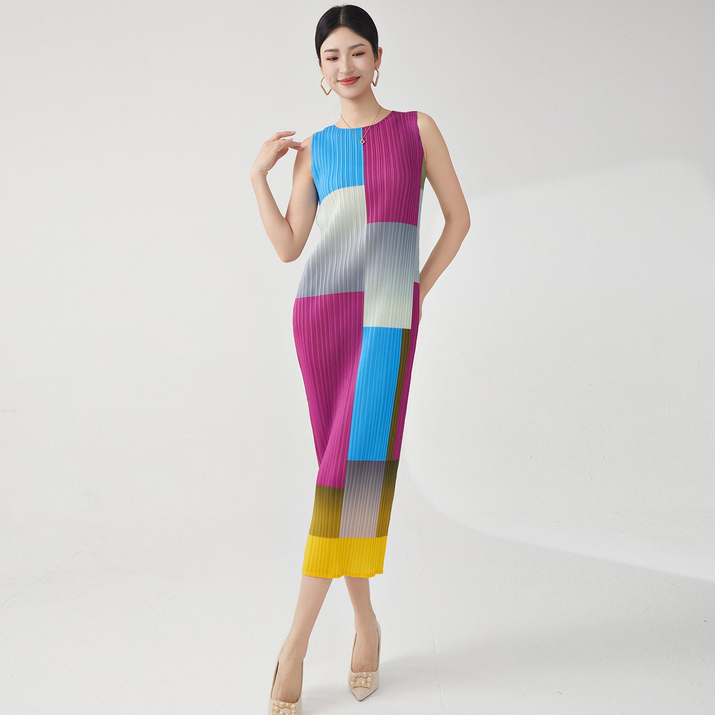 dress high sense light luxury summer contrasting color sleeveless medium and long design sense niche temperament elegant straight skirt