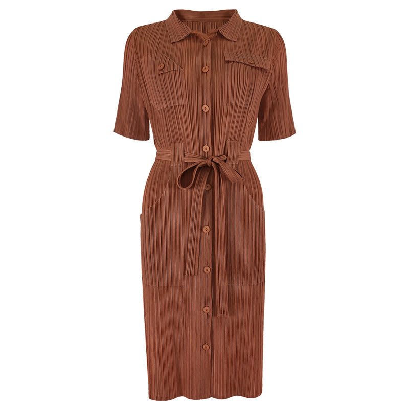 Large size dress 2025 spring new clothing slim high waist solid color pleated lapel medium and long wholesale women's clothing