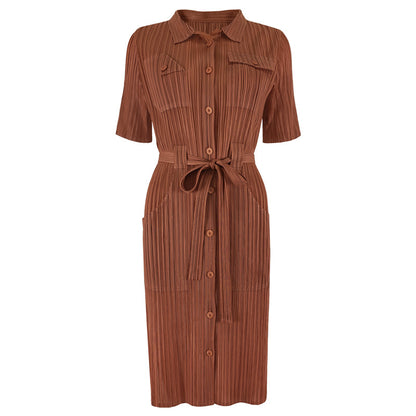 Large size dress 2025 spring new clothing slim high waist solid color pleated lapel medium and long wholesale women's clothing