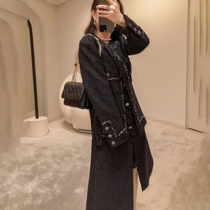 Hepburn style medium and long woolen coat women's autumn and winter women's clothing design sense bright silk tweed coat K6072