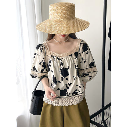 2025 popular Summer Vintage Printed Square Neck Lace Bubble Sleeve Splicing Hong Kong Style Shirt Medium Sleeve Top Women's 896