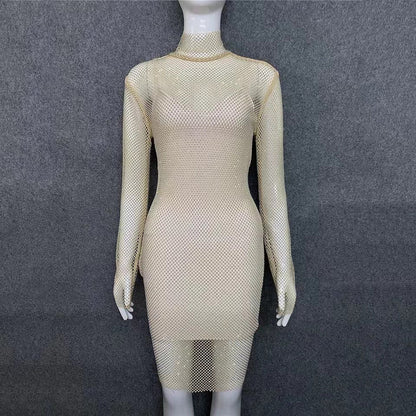 qgtao avant garde dress to impress Sexy Turtleneck Hot Drilling AB Color Diamond Shiny Perspective Grid Dress New Party Dress