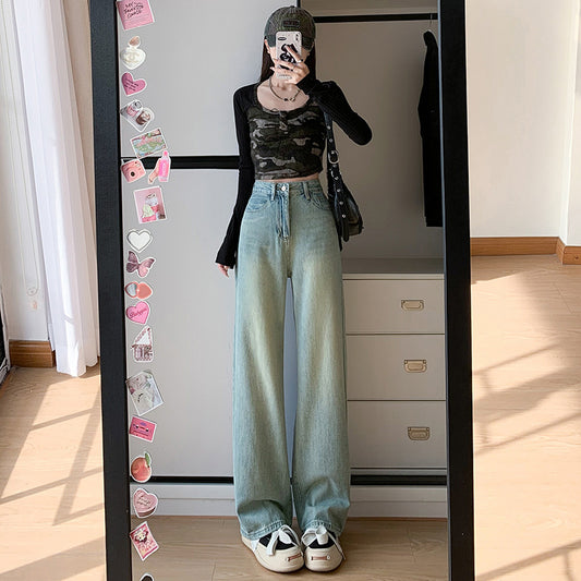 2025 Light-colored jeans women's spring and autumn popular new high-waisted loose straight-leg small narrow version mopping wide-leg pants