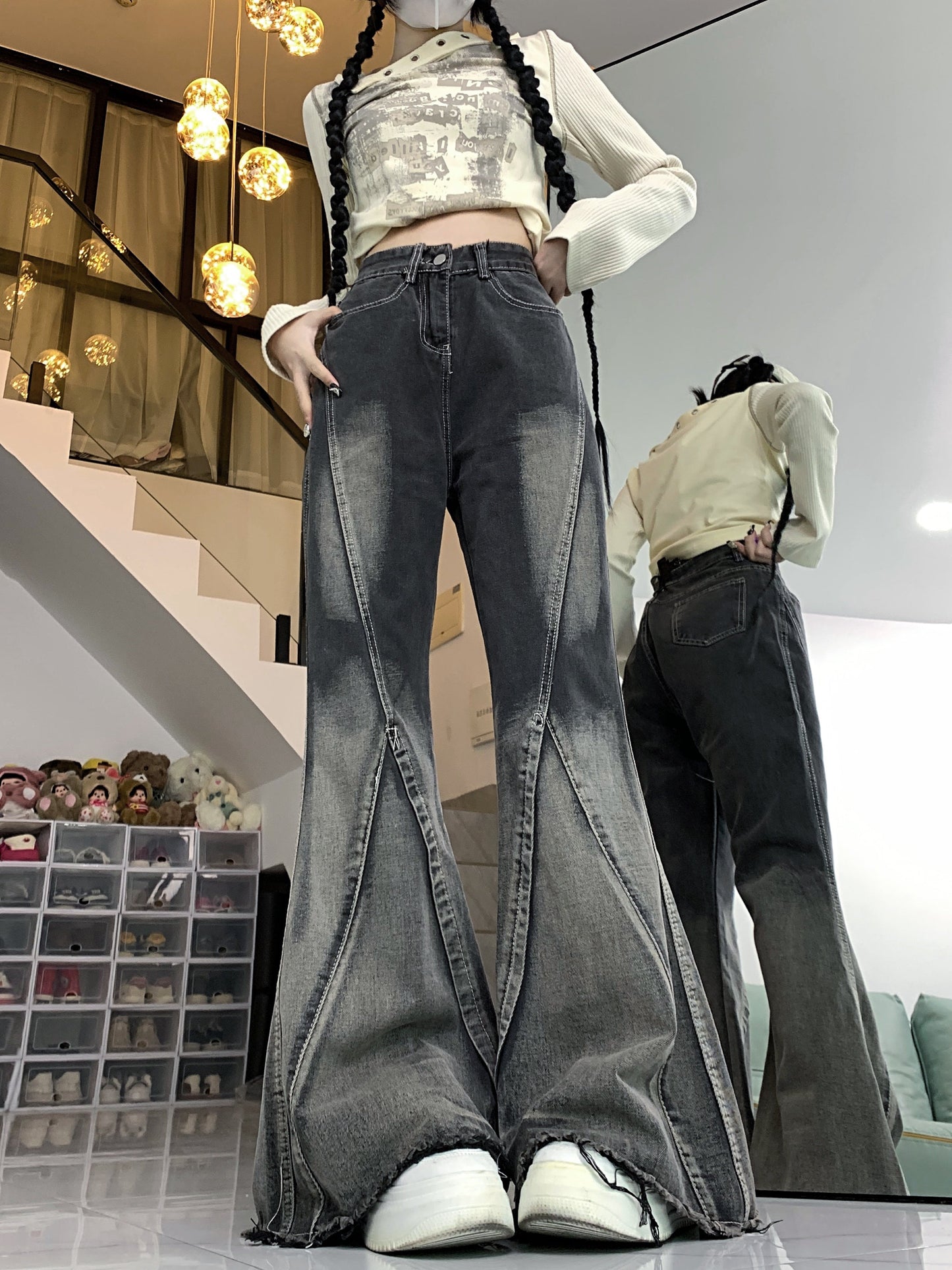 qgtao concert outfit High Street Black and Gray Fashionable Gradient Jeans Men's and Women's American Retro Niche Mid-Waist Frayed Flared Pants