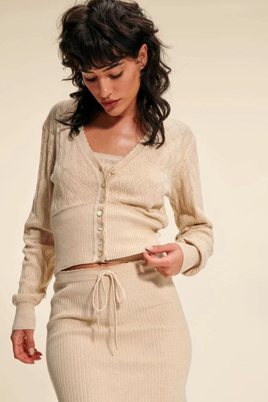2025 Knitted cardigan women's autumn RO simple style apricot hollow V-neck sheep's hoof sleeve sweater versatile knitted jacket thin