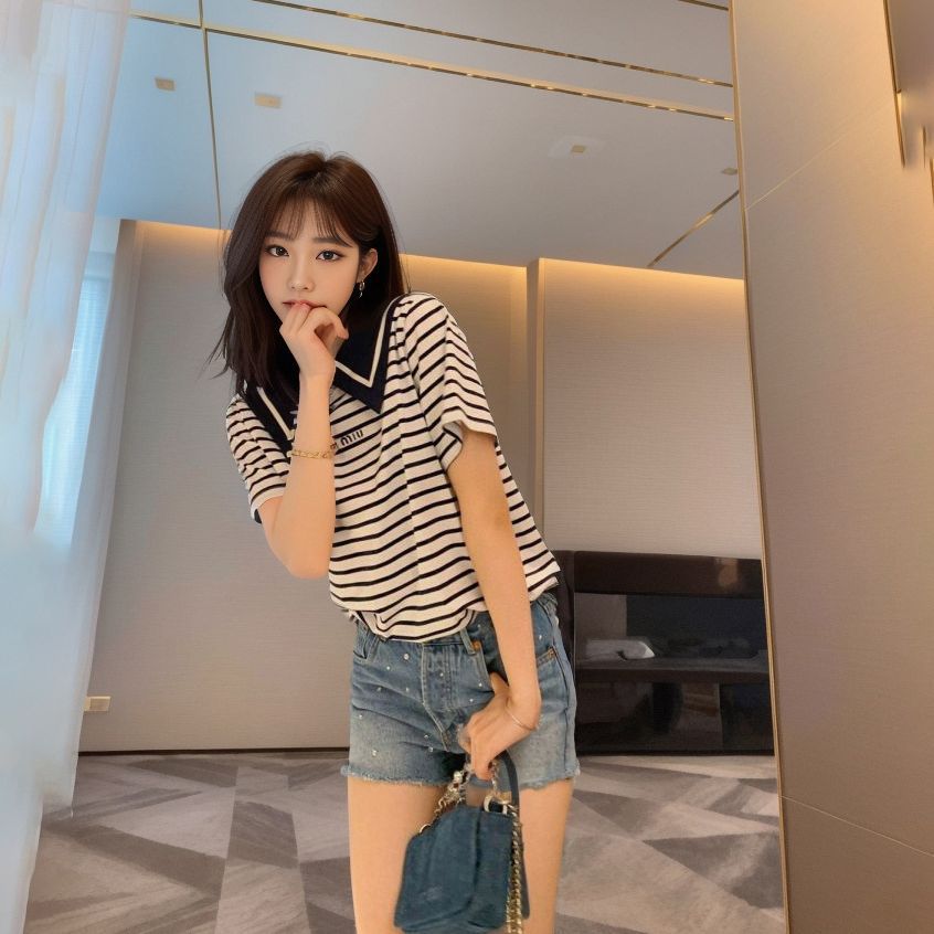 Summer Women's Solid Color Doll Collar Short Sleeve Cotton T-Shirt Women's Summer Loose Stripe Spice Girl Short Top Women's