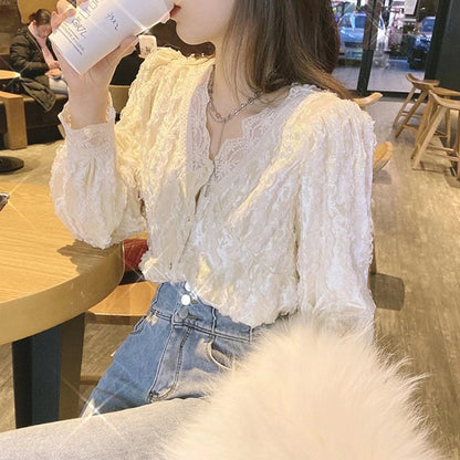 popular spring new V-neck lace golden velvet with Popular style top temperament thin shirt women's spot