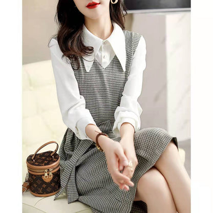 qgtao business casual outfits for women Autumn New Commuter Elegant Socialite Age-Reducing Stitching Fake Two Pieces Dress Women