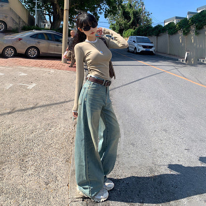 qgtao 90s streetwear Jinyin American Retro High Waist Distressed Loose Wide Leg Pants Early Autumn New Straight Jeans Trousers Lengthened