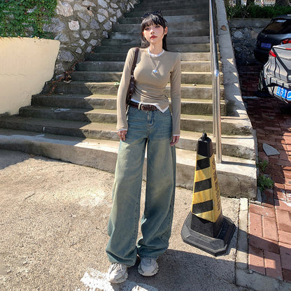 qgtao 90s streetwear Jinyin American Retro High Waist Distressed Loose Wide Leg Pants Early Autumn New Straight Jeans Trousers Lengthened