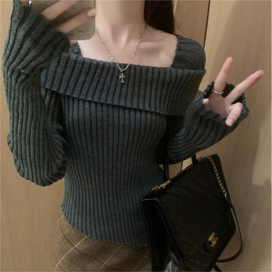 qgtao 2000s fashion 2024 Spring Long-Sleeved off-Shoulder Sweater Top Women's Irregular Slim-Fit Short Split Bottoming Sweater