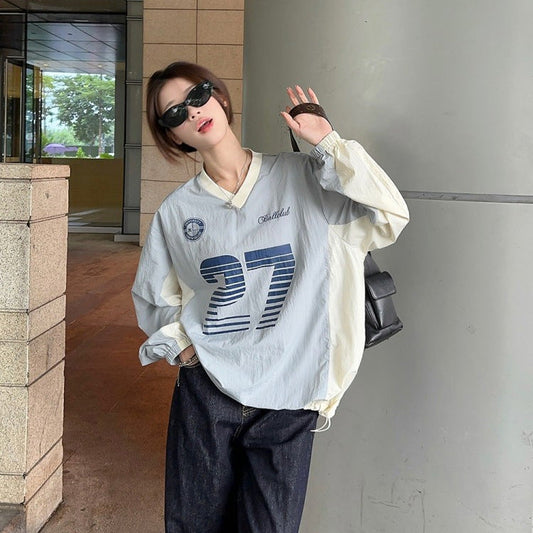 qgtao  clothing styles Street V-neck American Sports Contrast Color Sweater Spring and Autumn Women's Gray Stitching Letter Printed Elastic Top