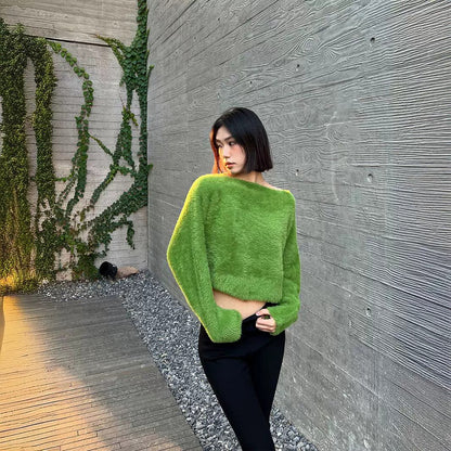 qgtao 2000s fashion Women's Plush Short Slimming Pullover Sweater, Warm and Fashionable Knitted