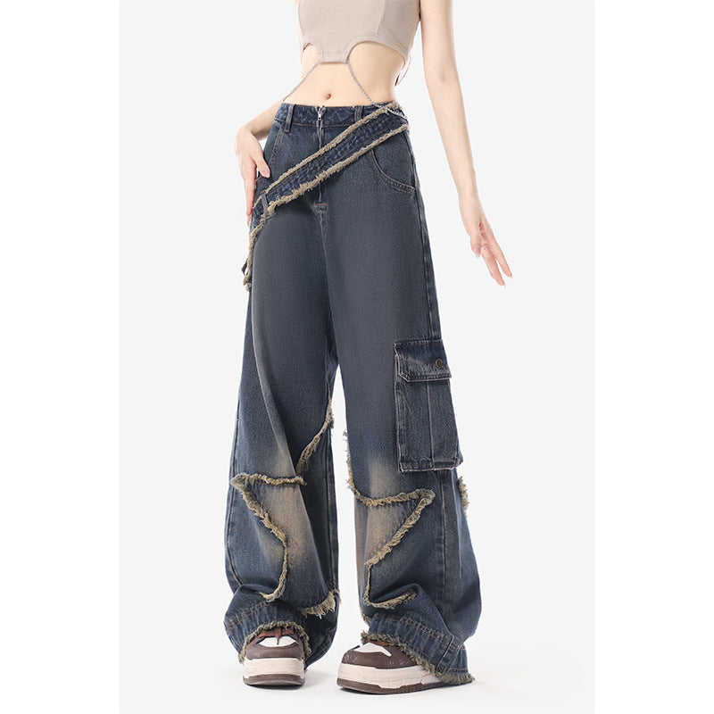 qgtao concert outfit Star Frayed Jeans Women's Autumn and Winter Chubby Girl Slimming Retro Small Straight Wide Leg Long Pants