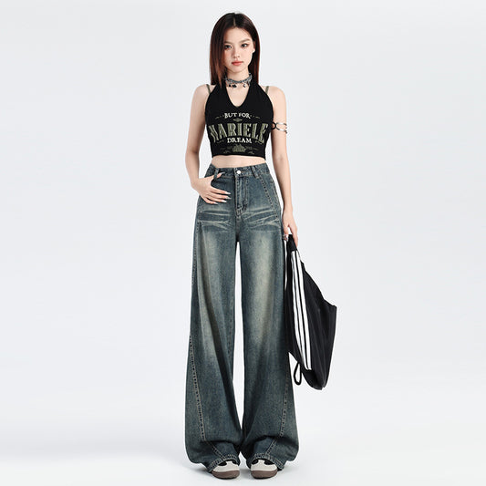 2025 Nostalgic straight jeans women's spring and autumn popular new high waist retro loose spice girl small wide-leg pants