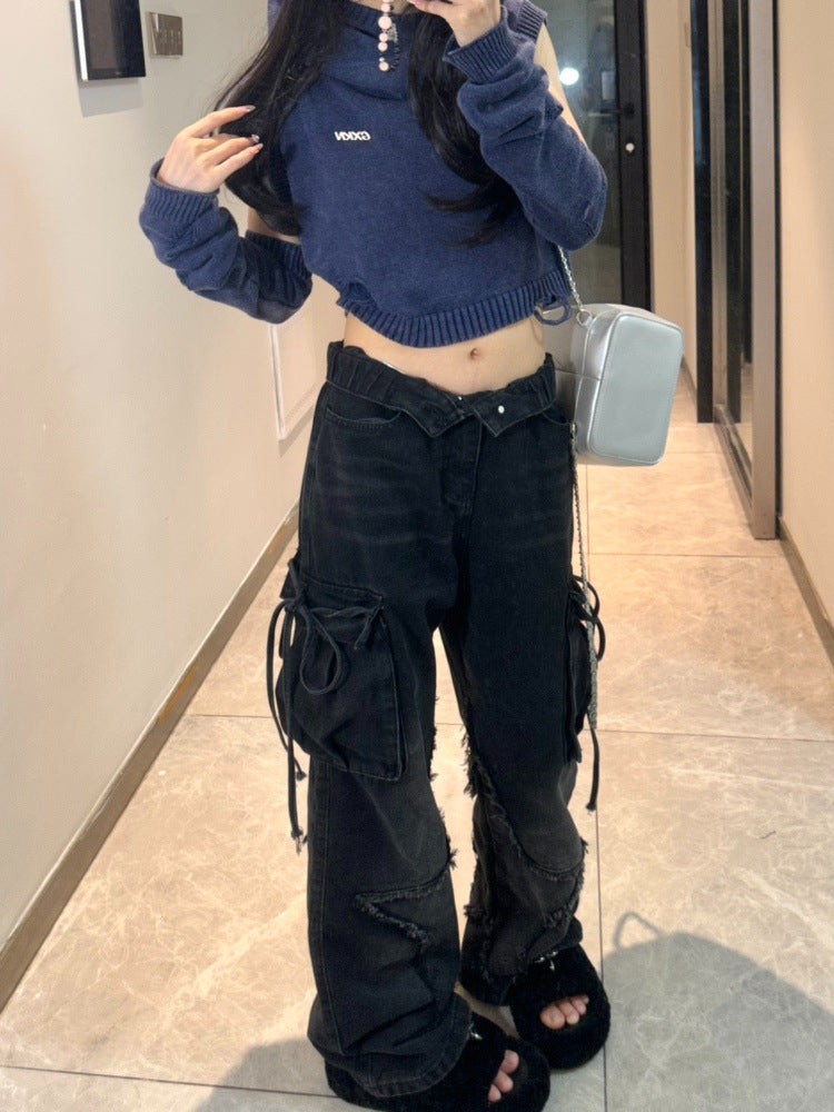 qgtao Y2k Trashy 2000s Blue Cargo Jeans Baggy Vintage 90s Aesthetic High Waist Cowboy Pants