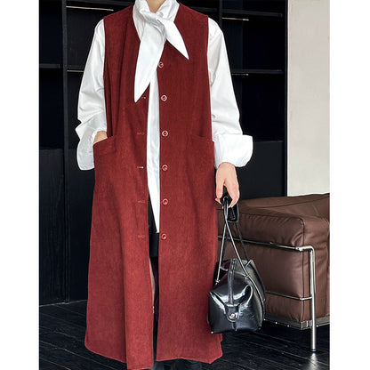 2025 popular autumn new coat Korean solid color Ankra red big pocket breasted medium and long vest 8603