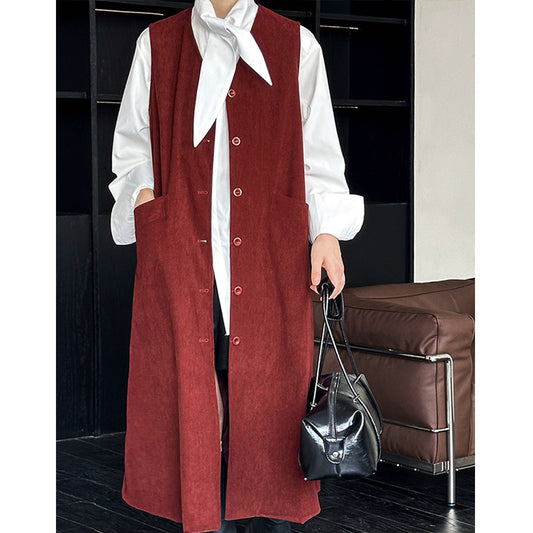 2025 popular autumn new coat Korean solid color Ankra red big pocket breasted medium and long vest 8603