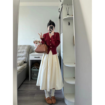 Temperament red collar long-sleeved knitted sweater women's autumn new  high-waisted skirt fashion suit women's trend