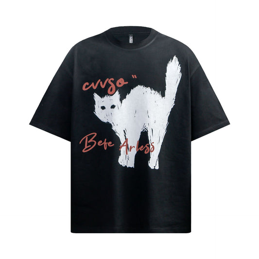 2025 9362 2025n Street 2025 Summer Retro Painting Cat Design High Sense Men's Loose Short Sleeve T-Shirt