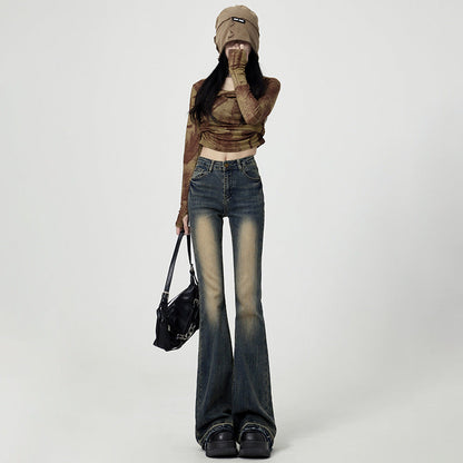 qgtao 2000s fashion Vintage Washed Jeans Women's High Waist Skinny 2024 New Autumn American Style Frayed Flared Horseshoe Pants
