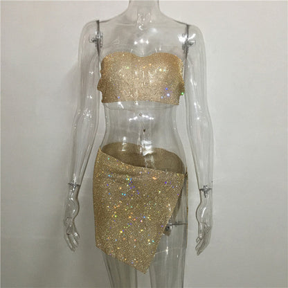 qgtao dti outfits Fashion Nightclub Women's Personalized Rhinestone Metal Tube Top Skirt Suit Hot Girl Flash Diamond Top