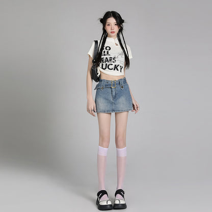 2025 Blue denim short skirt women's summer popular new high-waisted A-word thin and versatile retro n sweet short skirt