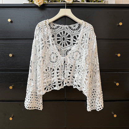 qgtao outfit inspo Bohemian Ethnic Style Hollow-out Crocheted Thin Long-Sleeved Knitted Cardigan Women's Summer Lace-up Top