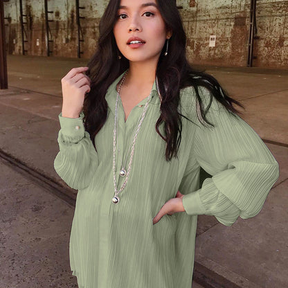 2025 popular autumn and winter new long-sleeved lapel pleated shirt women's wide-leg mopping floor drape pleated trousers set solid color