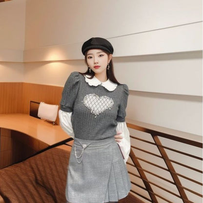 Small Gentle Wind Skinny Sweater Bottom Shirt Irregular High Waist Pleated Skirt Winter Women's Clothing Set Two-piece Set