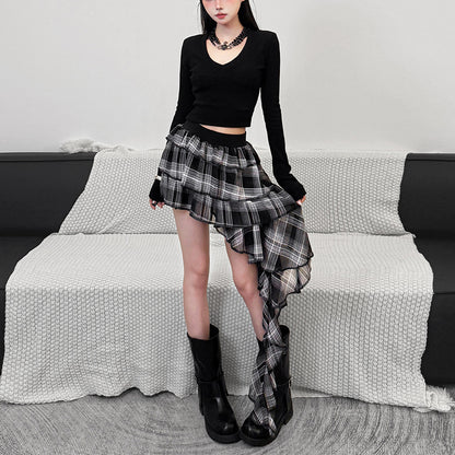 2025 style  spring new women's clothing three-dimensional ruffle edge splicing design high-waisted plaid skirt