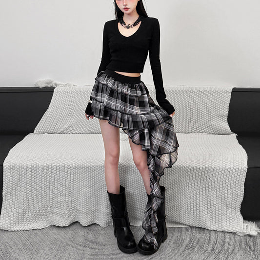 2025 style  spring new women's clothing three-dimensional ruffle edge splicing design high-waisted plaid skirt